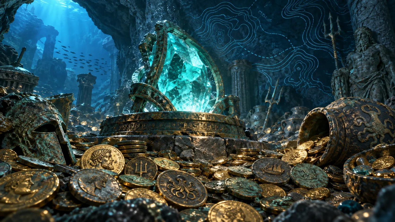Submerged treasury with coins around an aquamarine crystal
