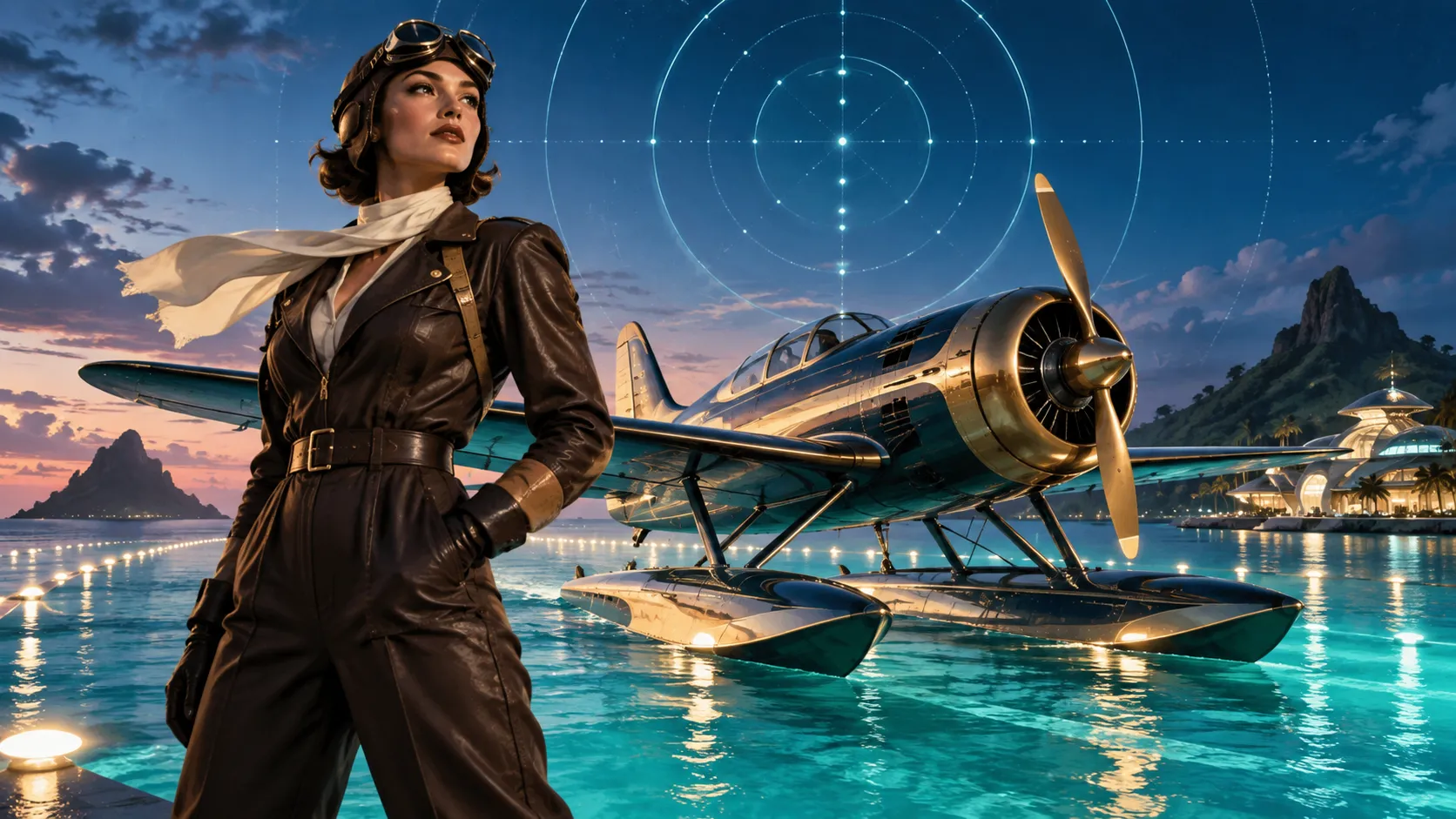 Retro-futurist aviator beside a seaplane at blue hour