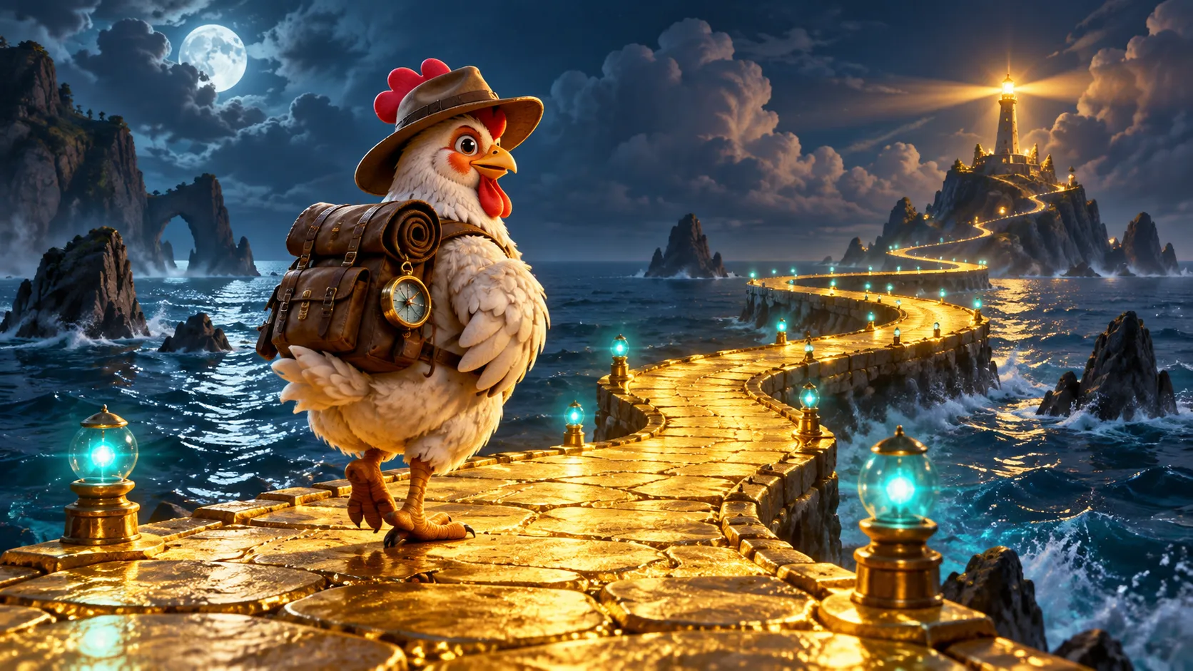 Chicken explorer on a golden causeway across a night ocean