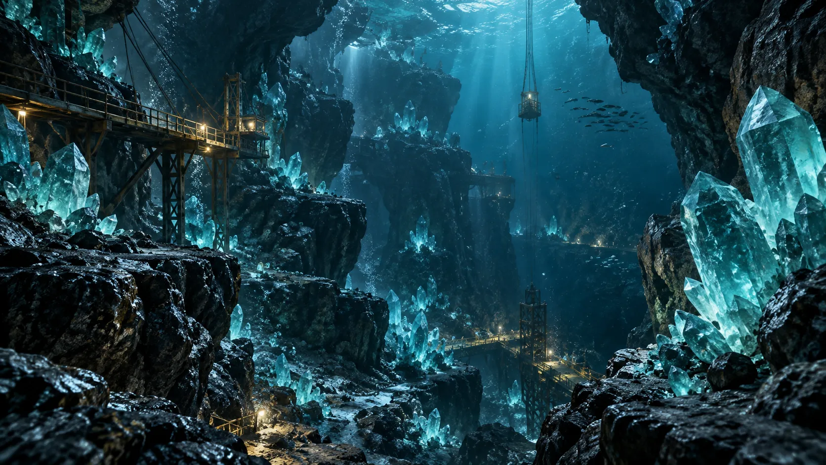Underwater mine filled with aquamarine crystal formations