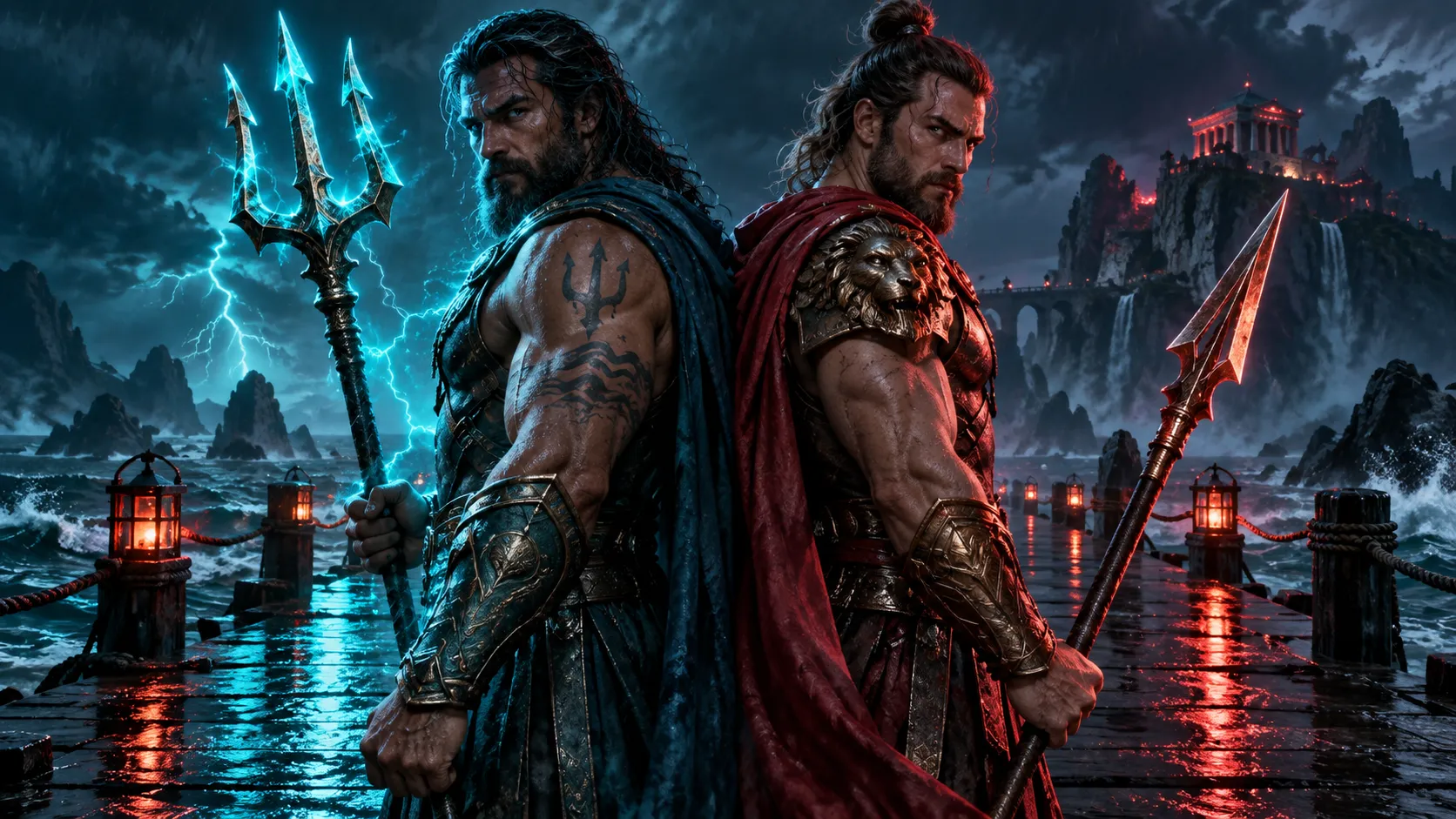 Two original rival warriors on a neon ocean pier