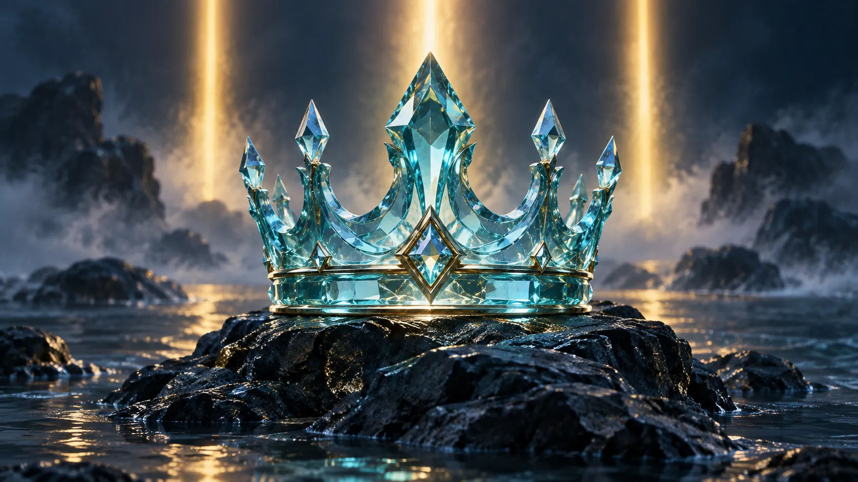 Aquamarine crystal crown on a dark tidal rock