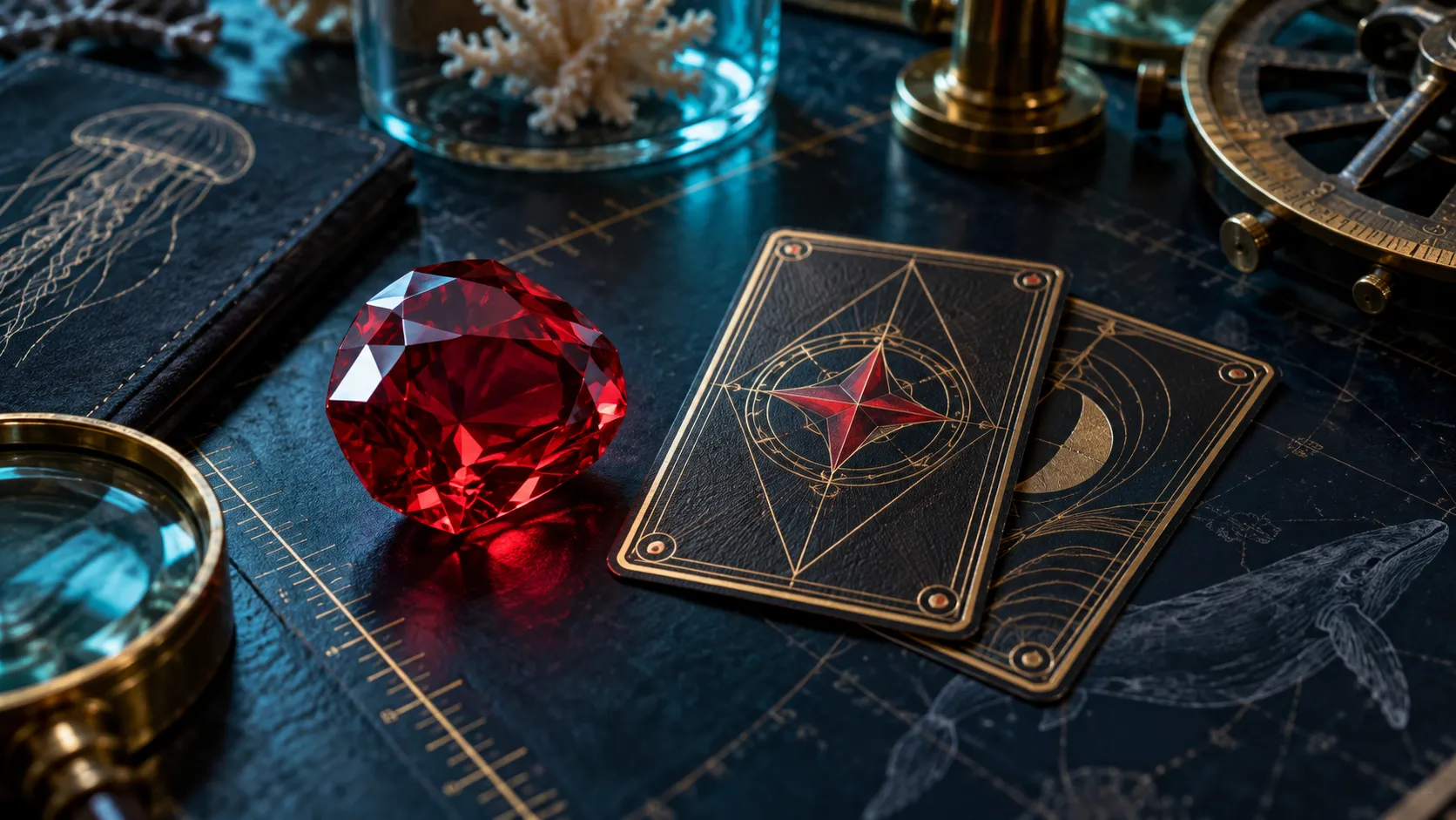 Ruby gemstone and abstract playing cards on a marine research desk